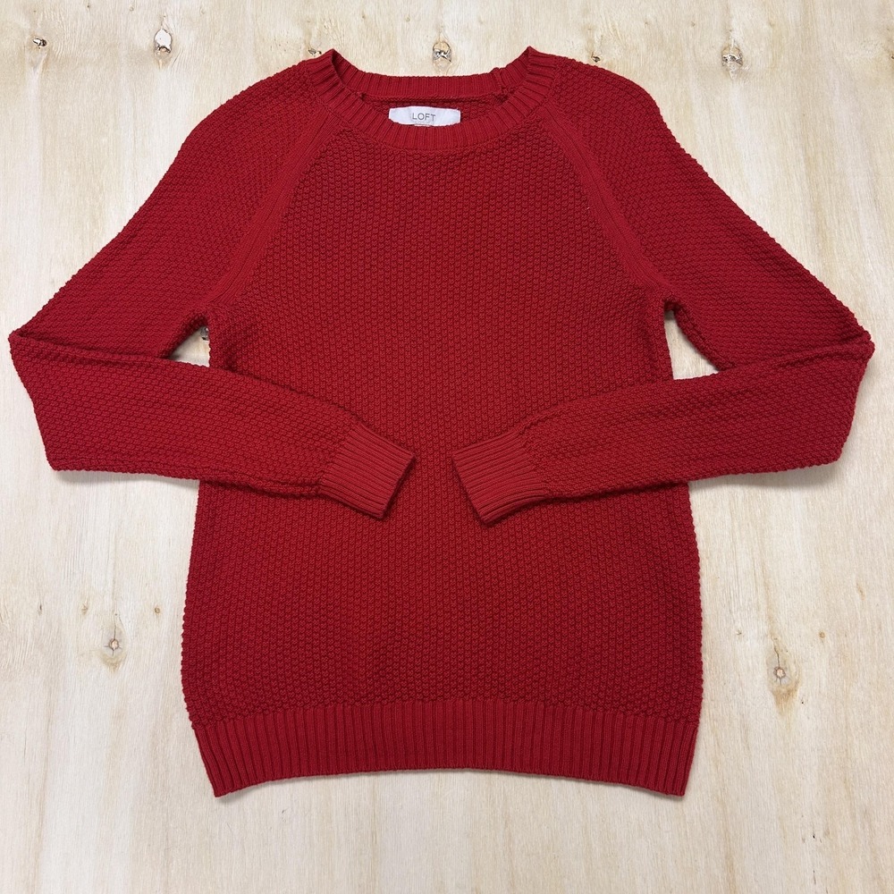 LOFT Sweater Womens Small Red Crew Neck Waffle-Knit Raglan Sleeve Pullover - Picture 1 of 6